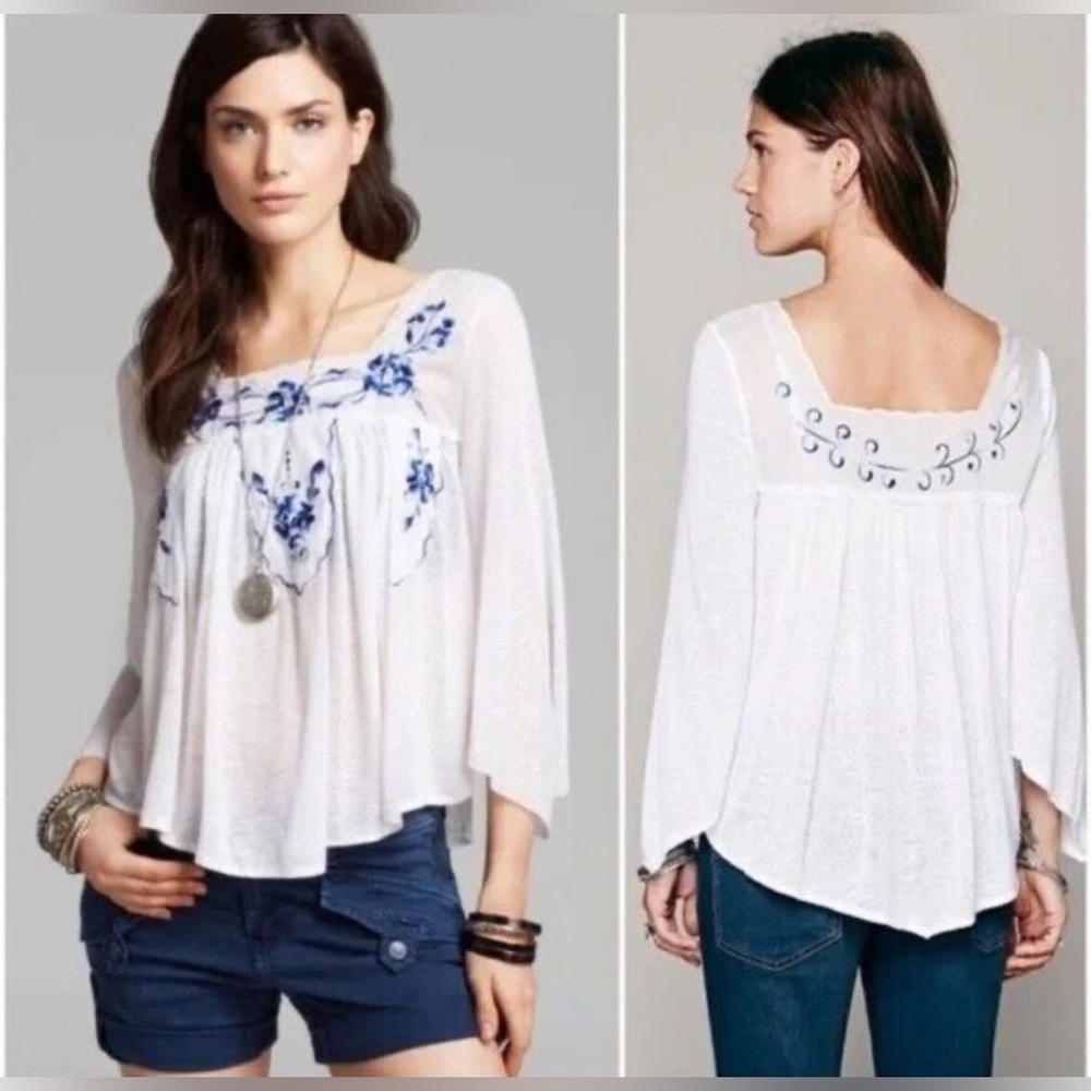 Free People Bed Of Roses Embroidered Peasant Top, Size XS